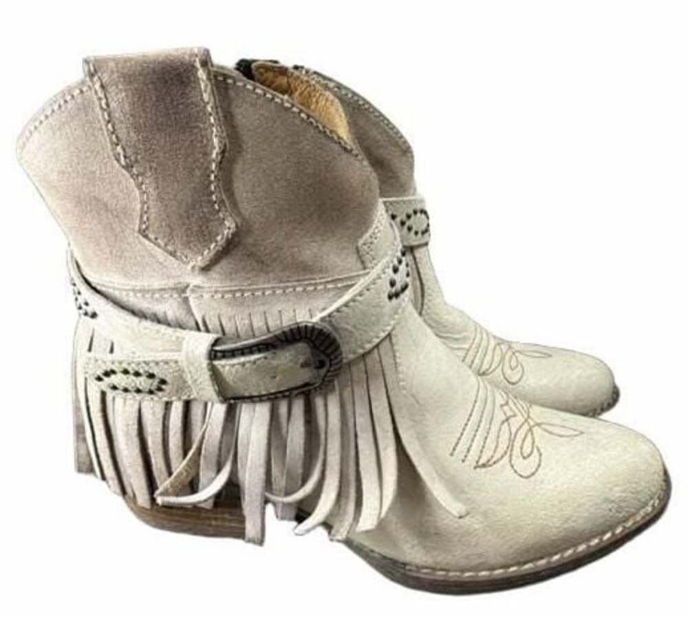 Sterling River Distressed Leather Fringe Buckle Zip Ankle Boots Womens Size 7